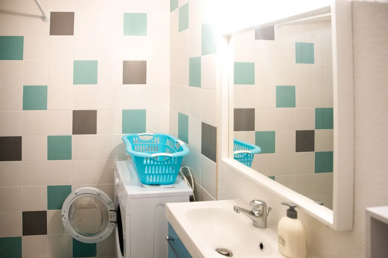 Salle de bain avec lave-linge et lavabo — Studio du Grazel